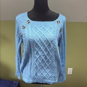 Blue Cable Knit Sweater with Button Accents